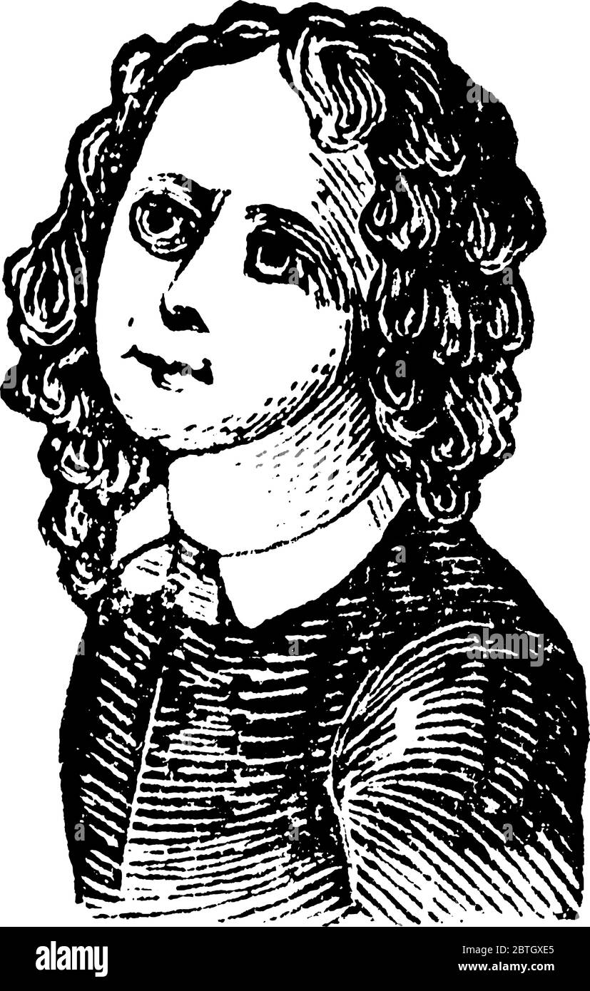 Ein kleines Mädchen mit lockigen Haaren, ist an einer Position zum Posen, Vintage-Linie Zeichnung oder Gravur Illustration. Stock Vektor