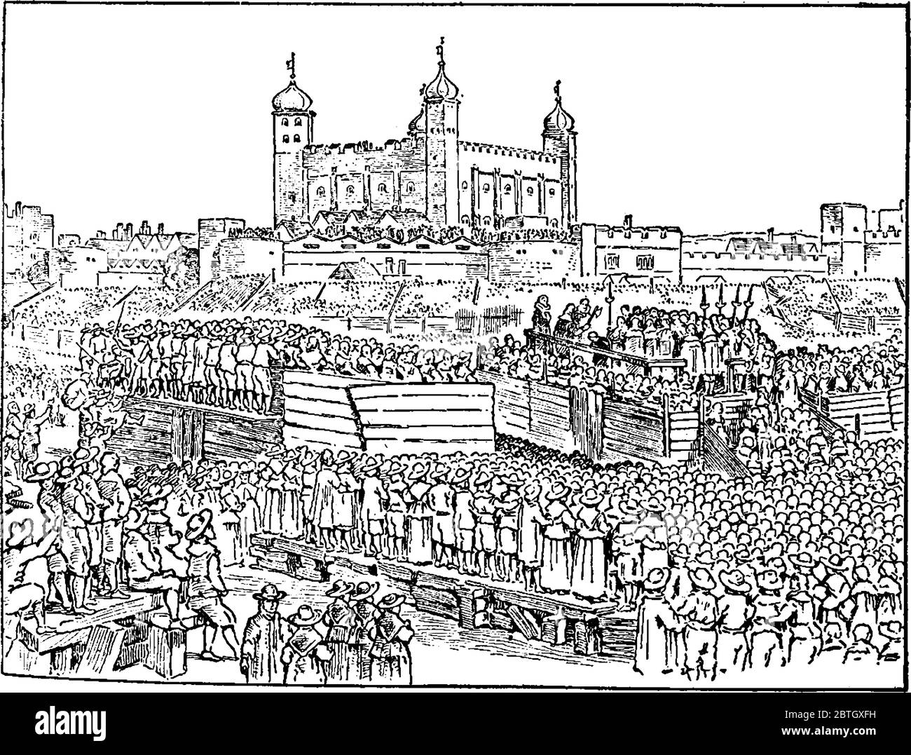 Große Menschenansturm während der Erregung des earl of Strafford, Vintage-Strichzeichnung oder Gravur Illustration. Stock Vektor