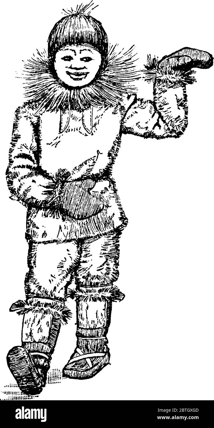 Eine typische Darstellung eines Mädchens eskimo, ein Mitglied einer indigenen Bevölkerung im Norden Kanadas, Alaska, Grönland und Ostsibirien, vint Stock Vektor