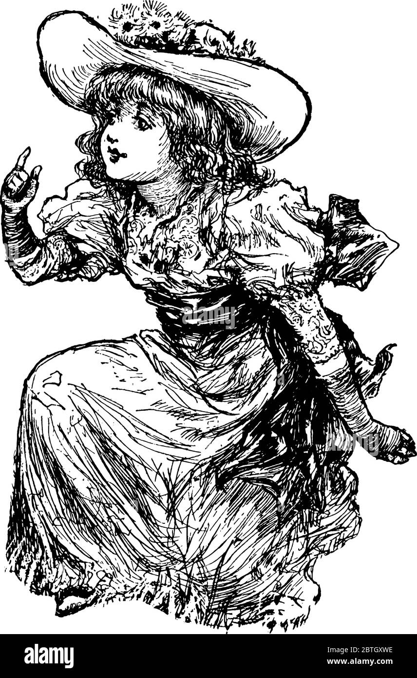Ein junges Mädchen, das auf einem Knie sitzt, in einer Seitenansicht, die ihren Finger zeigt und Blumenhut, Vintage-Strichzeichnung oder Gravur-Illustration trägt. Stock Vektor