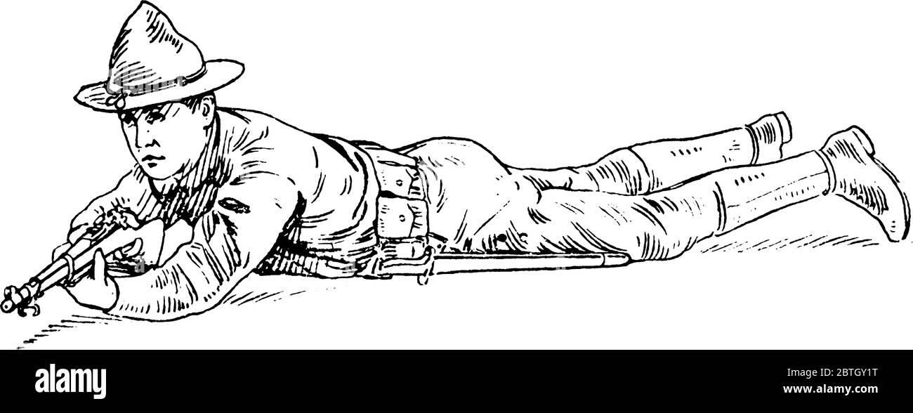 Den linken Fuß zurücktragen und flach auf dem Bauch liegen, den Körper um 35 Grad nach rechts neigen, Vintage-Strichzeichnung oder Gravurzeichnung Stock Vektor