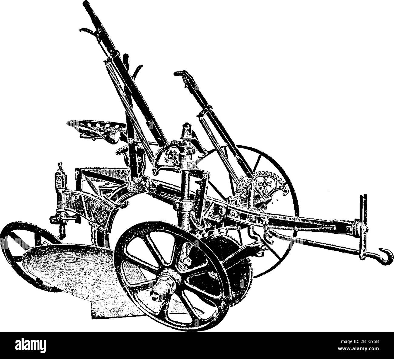 Rahmenloser Reitpflug ohne spezifischen Rahmen und zentrale Räder zum Schneiden mit zweiseitigen beweglichen Rädern, Vintage-Linie Zeichnung oder Gravur illus verwendet Stock Vektor