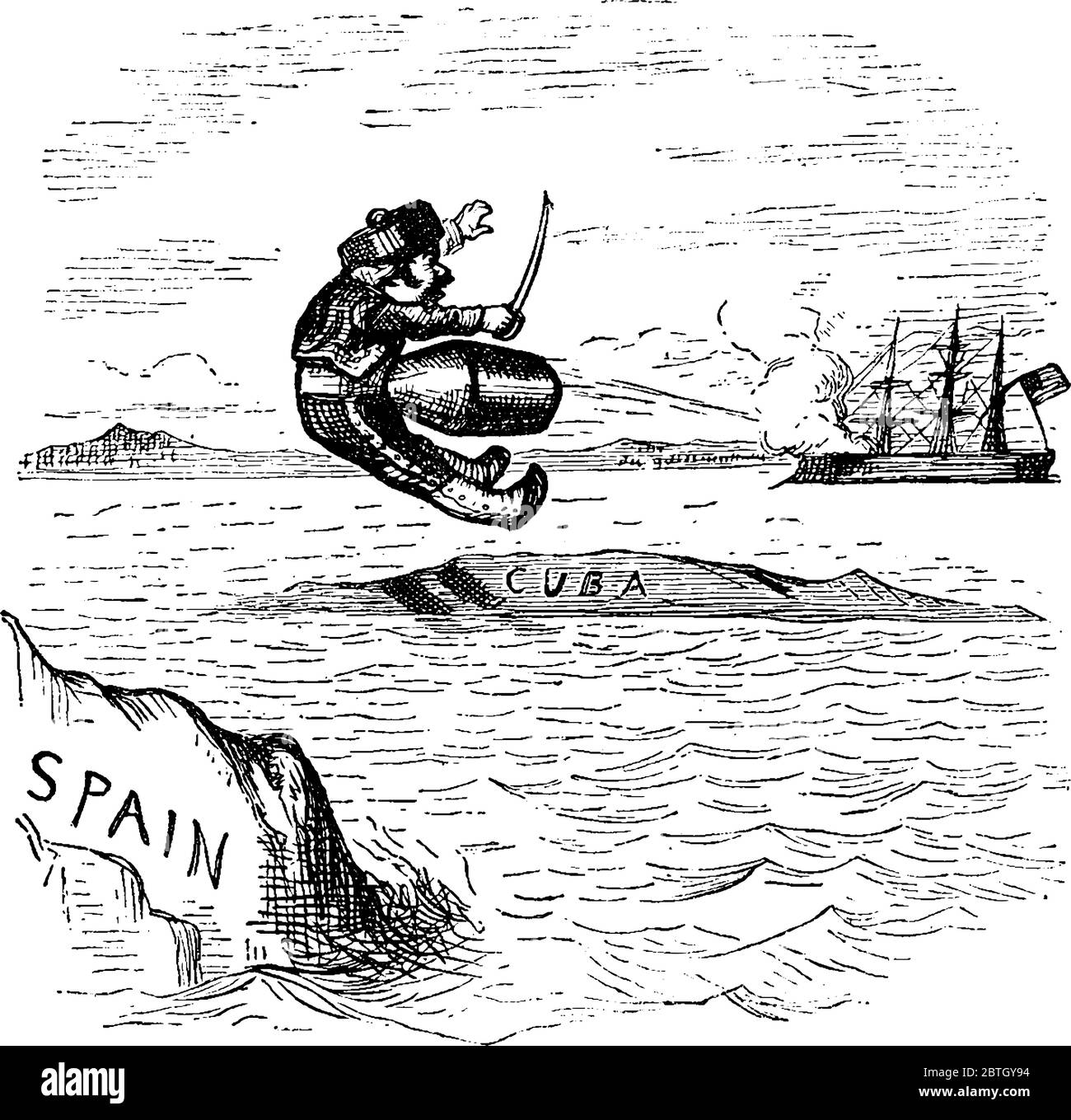 Lustige Karikatur von spanischen Soldaten geht zurück nach Spanien auf der Kugel von American Ship, Vintage-Linie Zeichnung oder Gravur Illustration abgefeuert. Stock Vektor
