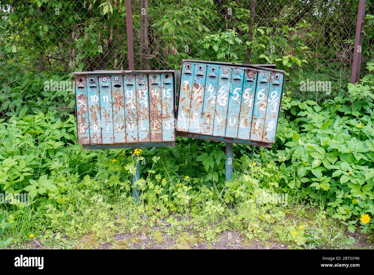 Grüne, metallene, rostige, dünne Briefkästen entlang eines Wohngebietes. In Vilnius, Litauen. Stockfoto