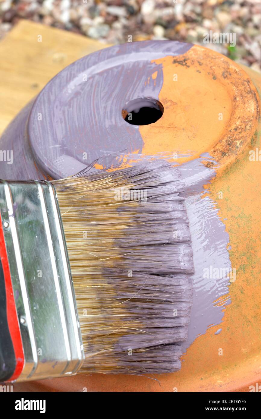 Person, die eine Terrakotta-Blume Pflanze Topf lila, mit einem Pinsel. Konzept für die Wiederherstellung des Aufschwungs Stockfoto