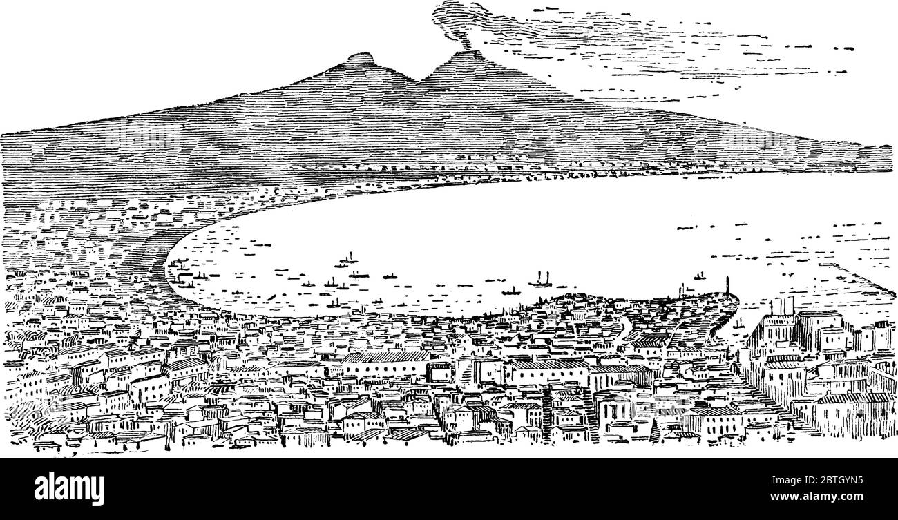 Portrait des Vesuv, der Rauch von ihm in der Bucht von Neapel ausstrahlt, Vintage-Strichzeichnung oder Gravur Illustration. Stock Vektor