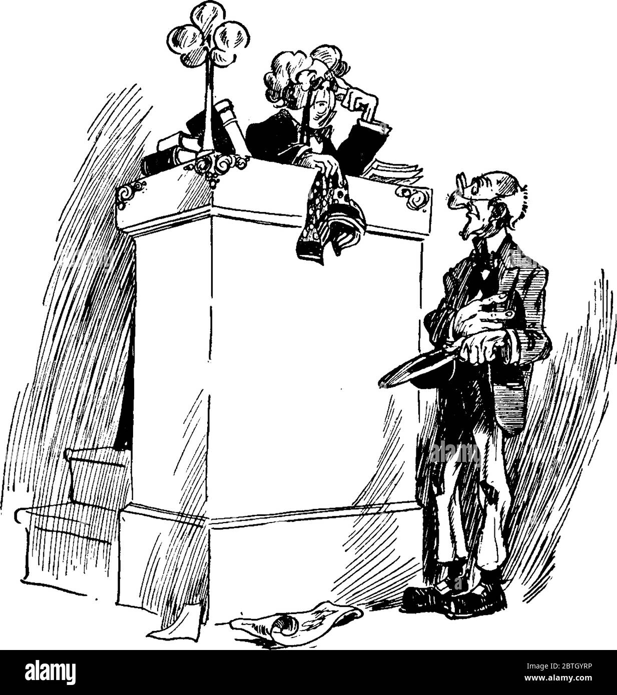 Cartoon zeigt einen Richter sitzt hoch und ein Staatsanwalt unten, Vintage-Linie Zeichnung oder Gravur Illustration. Stock Vektor