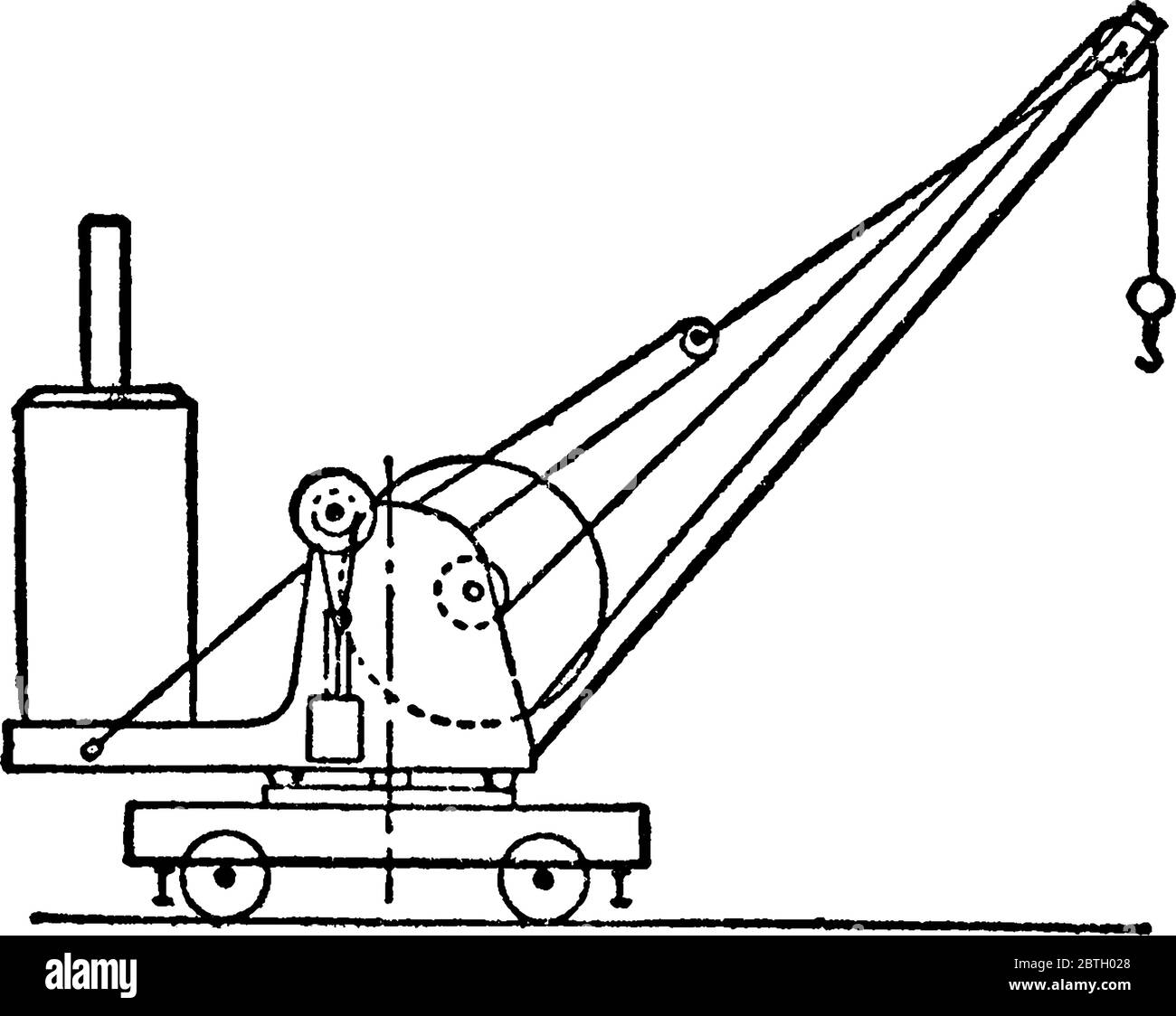 Jib Kran, besteht aus einem horizontalen Element (Jib oder Ausleger), die Unterstützung einer beweglichen Hebezeug, das an einer Wand oder an einem Boden-Säule befestigt ist, vintage l Stock Vektor