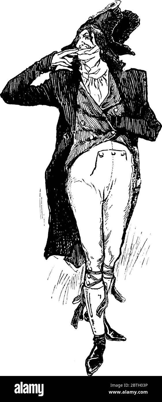 Ein großer Mann in einem Kostüm, das während der Zeit der Französischen Revolution getragen wurde, indem er seine linke Hand in das Hemd legte und den Fi verließ Stock Vektor