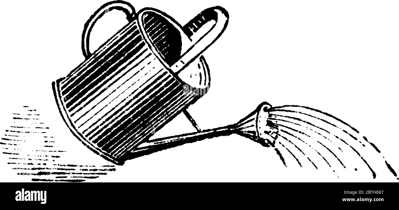 Bewässerungs-Topf ist ein Handbehälter, normalerweise mit einem Griff und einem Auslauf, verwendet, um Pflanzen zu gießen., Vintage-Linie Zeichnung oder Gravur Illustration. Stock Vektor