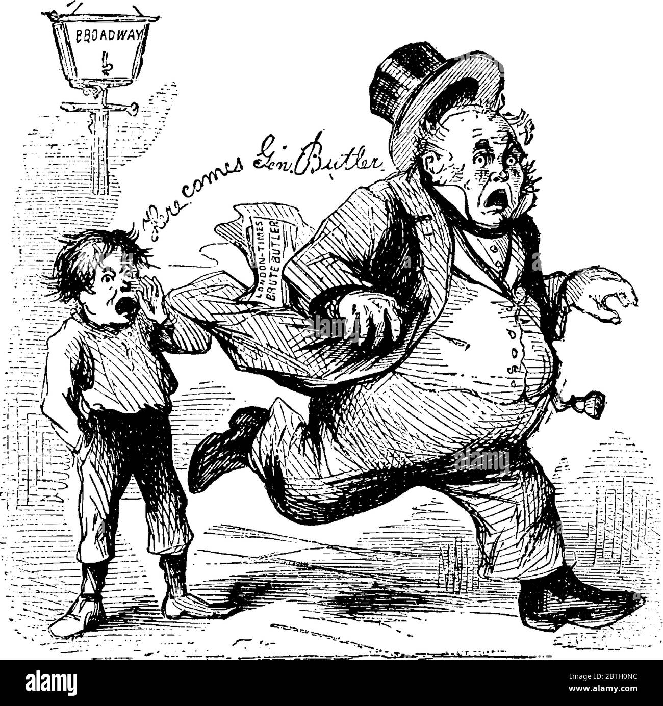 Thomas Nast erste Cartoon-Bild, John Bull ist traditionell als fetter Mann in einer Weste dargestellt., Vintage-Linie Zeichnung oder Gravur illustrati Stock Vektor