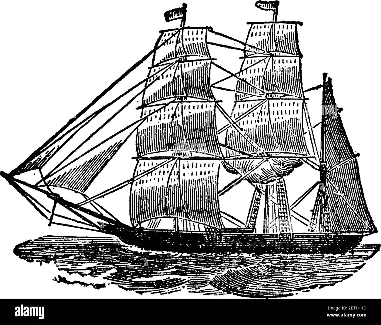 Ein Schiff im Meer segeln, Vintage-Strichzeichnung oder Gravur Illustration. Stock Vektor