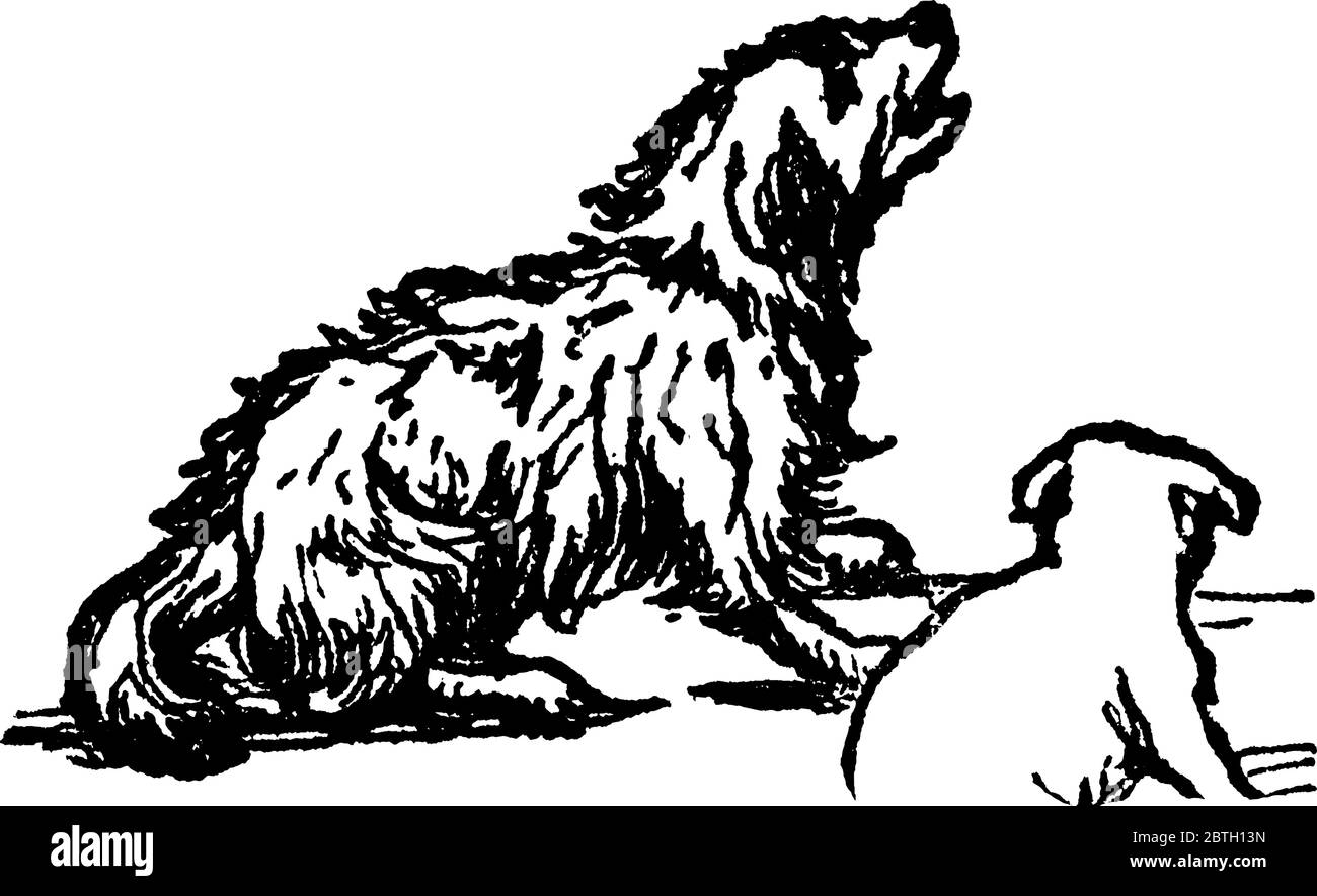 Eine typische Darstellung von zwei Hunden unterschiedlicher Größe, die auf den Straßen sitzen. Von den beiden bellt einer. Hunde sind loyal und gelten als Stock Vektor