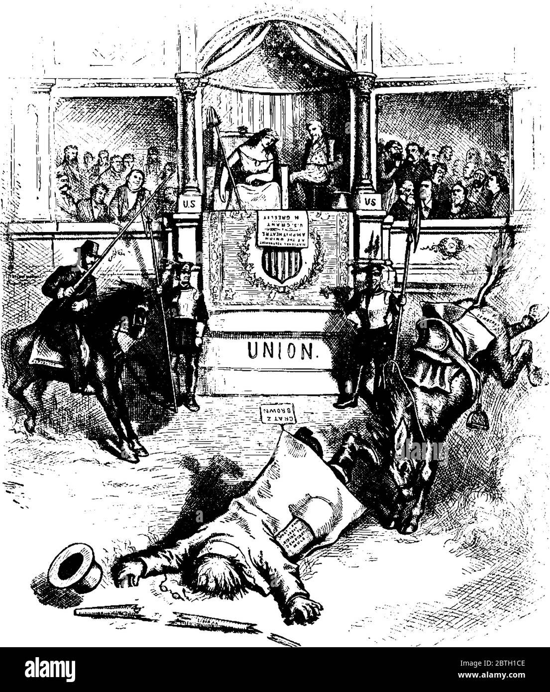 US-Präsidentschaftswahl von 1872, Grant's besiegten Liberal Republican Nominee Horace Greeley., Vintage-Linie Zeichnung oder Gravur illustrati Stock Vektor