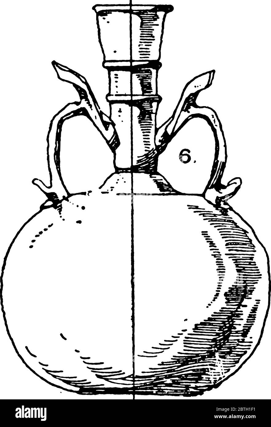 Diese antike Flasche hat zwei Ohren auf jeder Seite auf einem schmalen langen Hals mit einem ovalen Körper, Vintage-Strichzeichnung oder Gravur Illustration. Stock Vektor