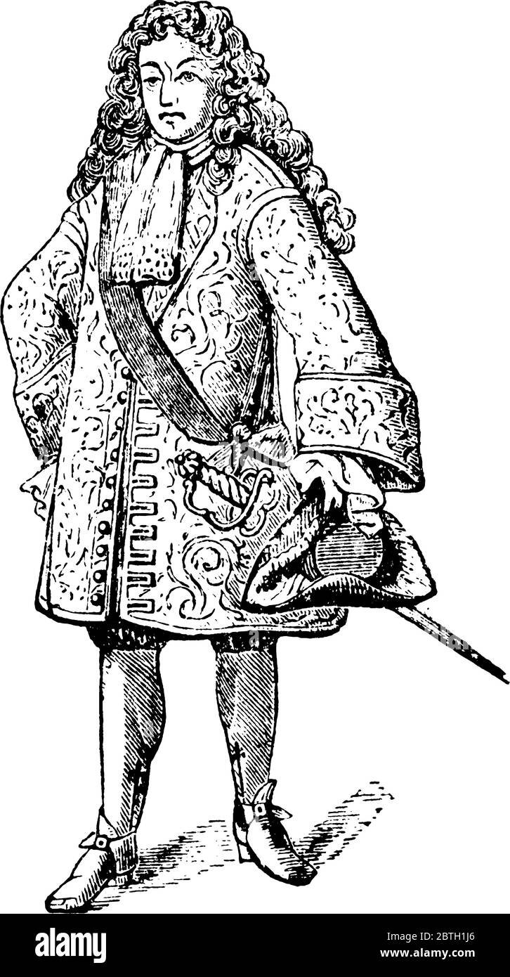 Ein Mann mit lockigen und langen Haaren, der das französische Kostüm mit Motiven trägt und einen Hut in der Hand hält, die berühmtesten Persönlichkeiten Frankreichs in Th Stock Vektor