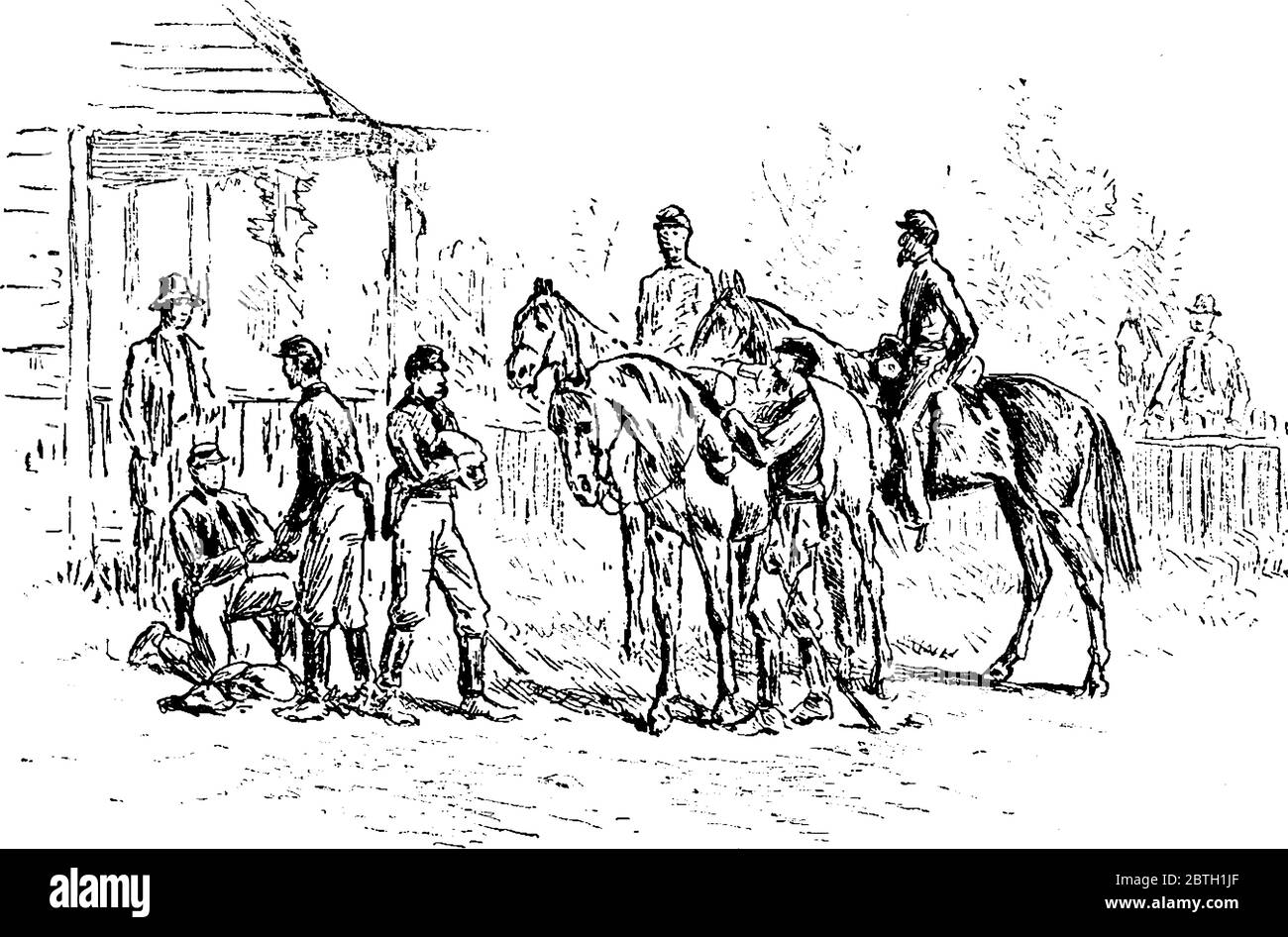 Das Bild zeigt Bürgerkrieg Soldaten durch den Feind die Habseligkeiten, Vintage-Linie Zeichnung oder Gravur Illustration zu Nahrungssuche Stock Vektor