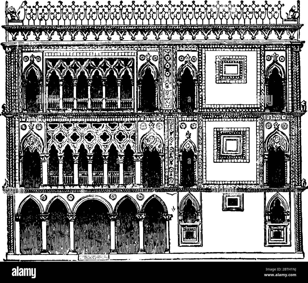 Dies ist bekannt als Haus aus Gold, aufgrund der Tatsache, dass vergoldet und polychrome Außendekorationen schmücken seine Wände, in Venedig, Norditalien, vint Stock Vektor