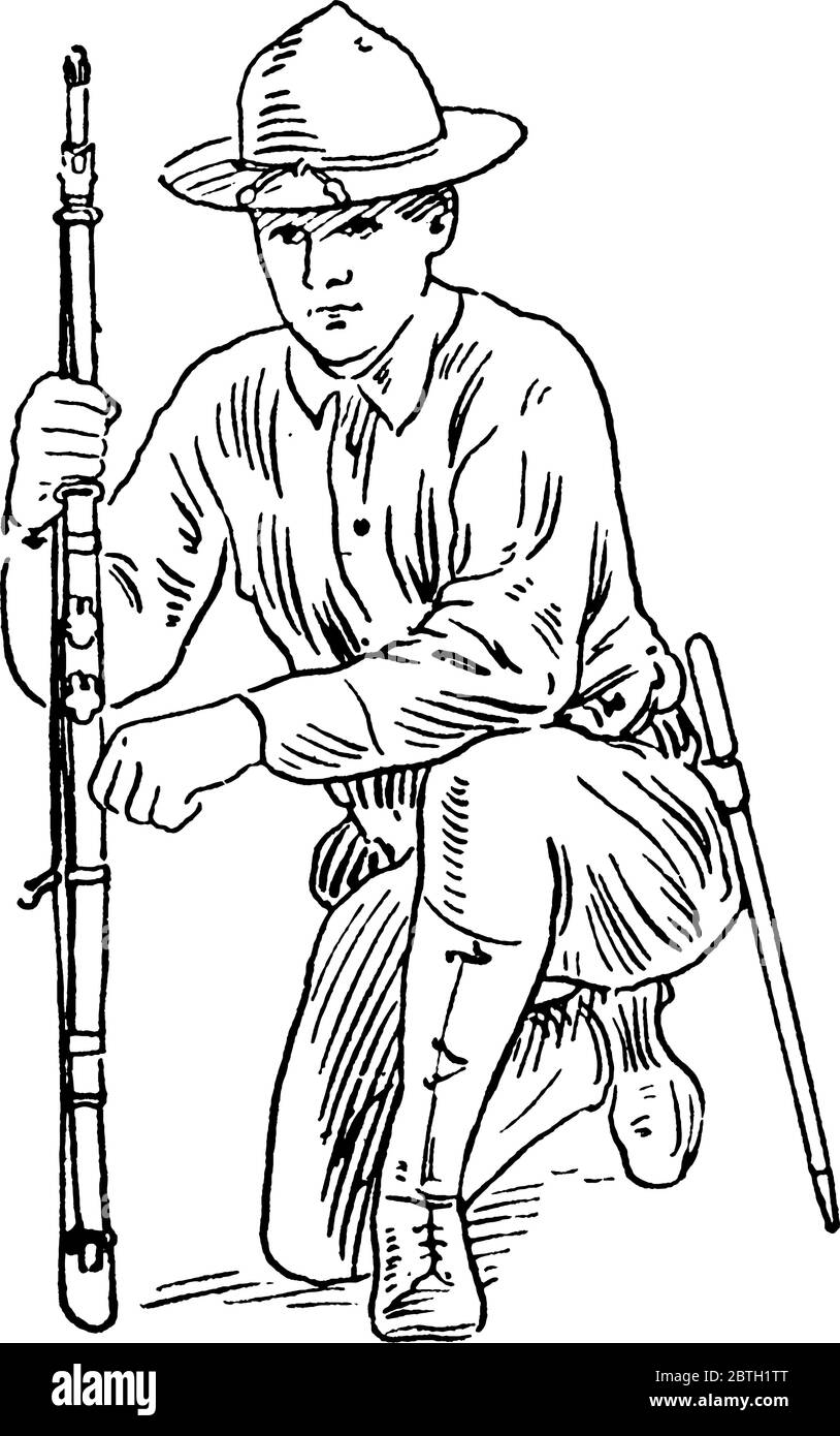 Der Soldat in Kniestellung, mit rechtem Knie gegen linke Hand, Vintage Strichzeichnung oder Gravur Illustration Stock Vektor