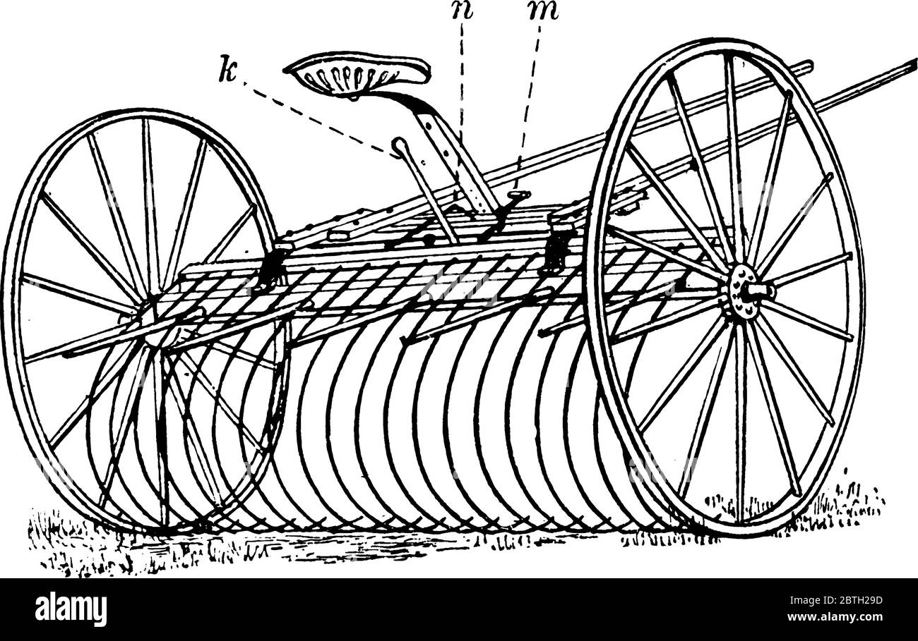 Ein großer Rechen mit zwei Rädern, gezeichnet von einem Pferd, Vintage-Strichzeichnung oder Gravur Illustration. Stock Vektor
