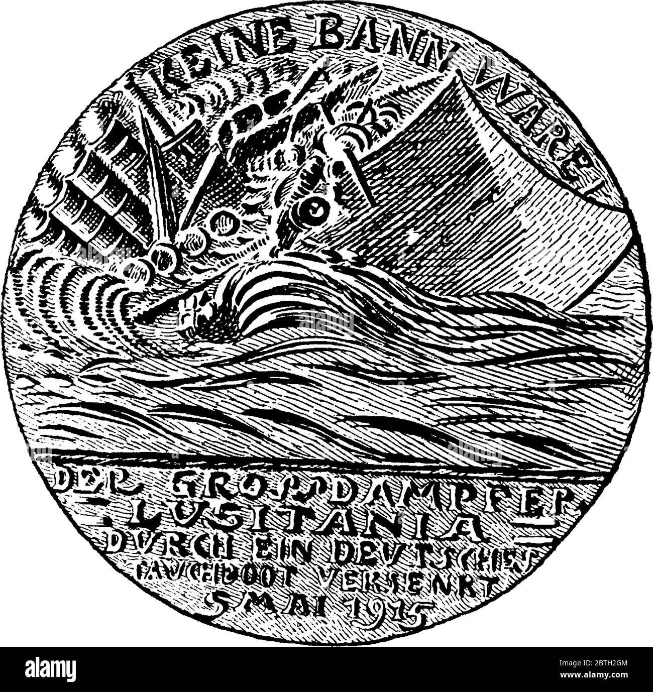 Die Deutsche Lusitania-Medaille, die ein sinkendes Schiff, eine Vintage-Strichzeichnung oder eine Gravurdarstellung darstellt. Stock Vektor