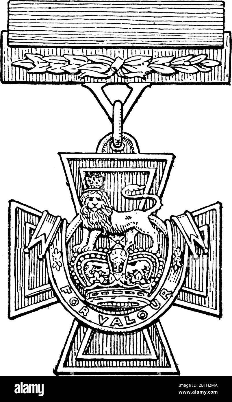 Das Victoria Kreuz ist eine Medaille aus Bronze Malteser mit königlichen Wappen Löwe mit Krone in der Mitte und FÜR TAPFERKEIT unten geschrieben, vintage Strichzeichnung oder e Stock Vektor