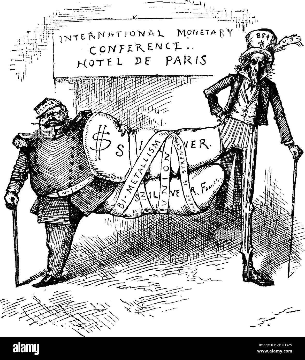 Cartoon von zwei verletzten Füssen von zwei Männern sind zusammengebunden, und stehen mit Hilfe von Stöcken., Vintage-Linie Zeichnung oder Gravur Illustration. Stock Vektor