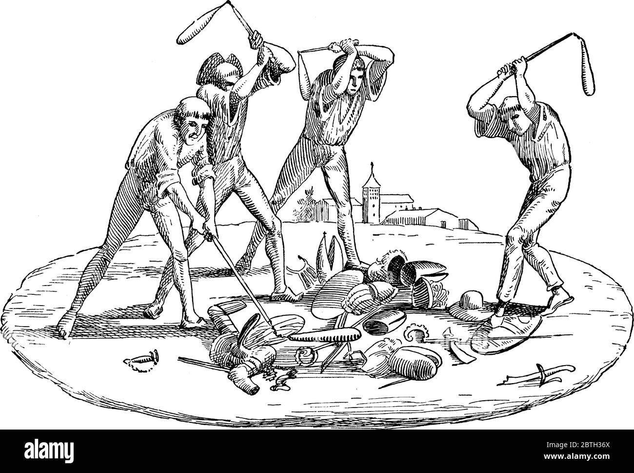 Vier Menschen zerstören Ritterrüstung, Schwert und Bischofsstab und Mitra, Vintage-Strichzeichnung oder Gravur Illustration. Stock Vektor