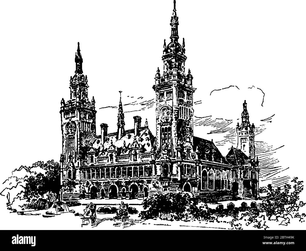 Der Friedenspalast in Den Haag, Niederlande beherbergt den Internationalen Gerichtshof, Vintage-Strichzeichnung oder Gravurillustrationen. Stock Vektor