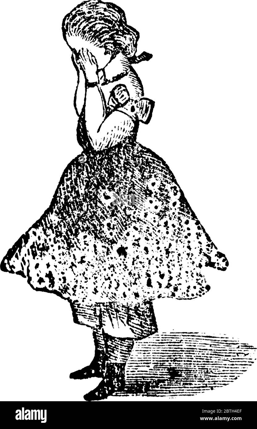 Ein kleines Mädchen, das auf dem Boden steht, ihr Gesicht mit den Händen versteckt und weint, Vintage-Strichzeichnung oder Gravur-Illustration. Stock Vektor