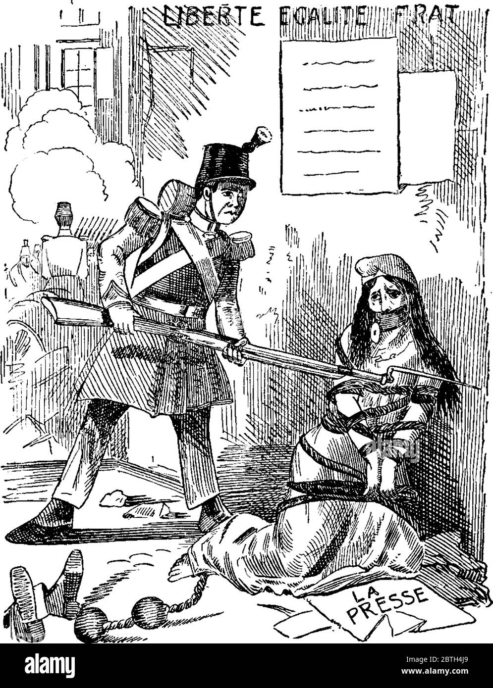 Eine politische Karikatur, die einen napoleon zeigt, der Waffe in den Händen hält, zeigte auf einen Gefangenen, eine Vintage-Strichzeichnung oder eine Gravurdarstellung. Stock Vektor