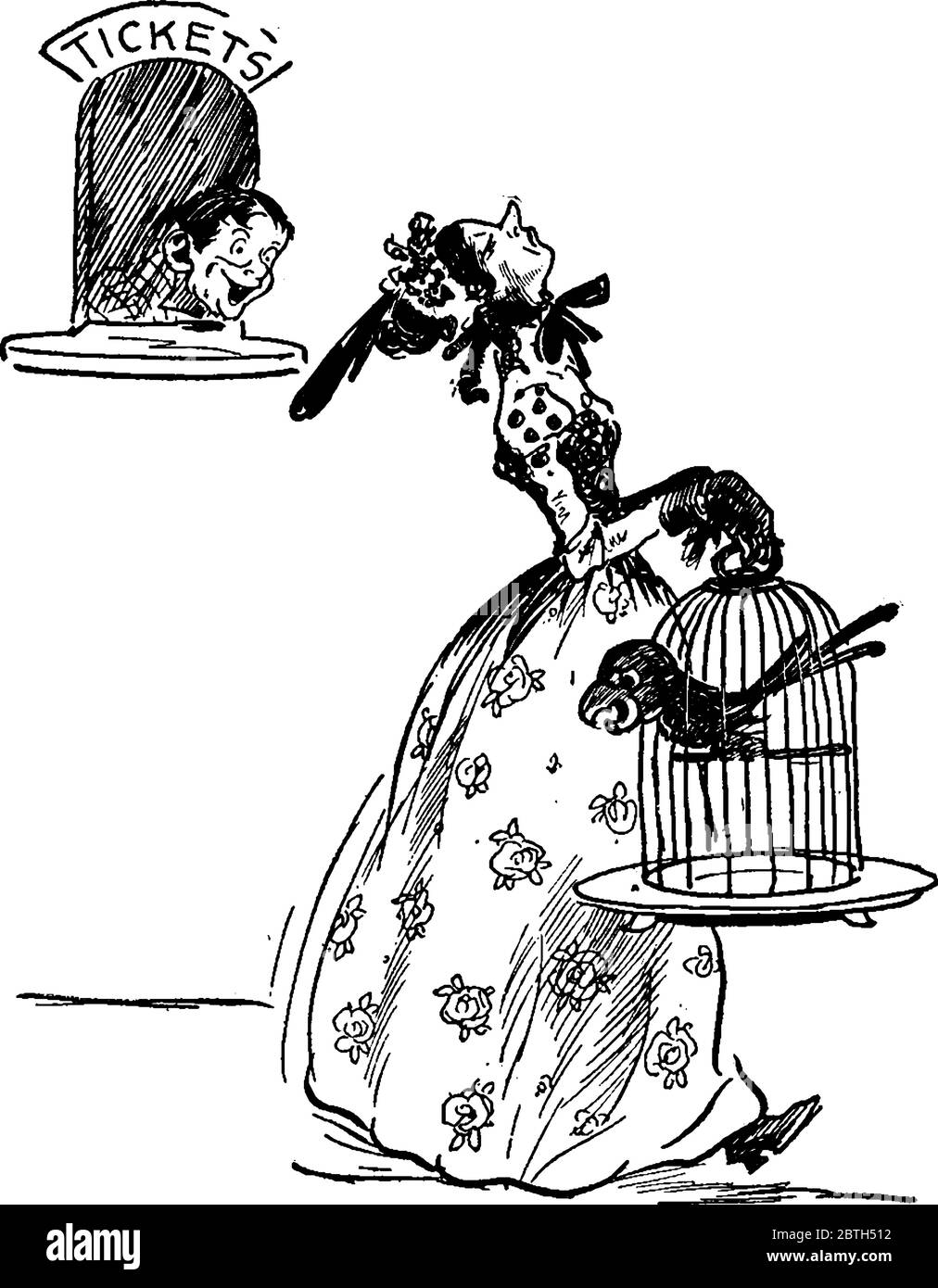 Cartoon zeigt eine Frau mit Halten Käfig Vogel, Vintage-Linie Zeichnung oder Gravur Illustration. Stock Vektor