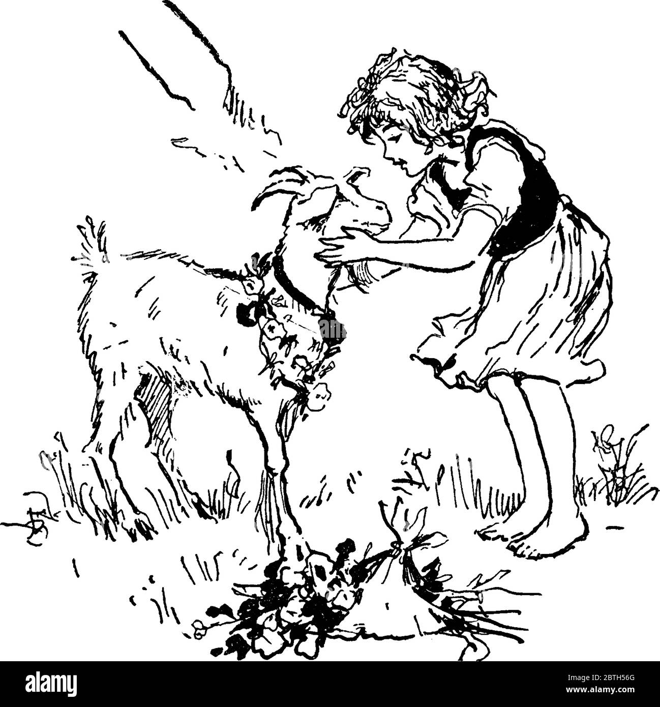 Ein kleines barfuß Mädchen kümmert sich um ihr Haustier Ziege, in einem Feld Bauernhof. Die Ziege trägt eine Girlande von Blumen um ihren Hals. Ein weiteres Bündel Blume Stock Vektor