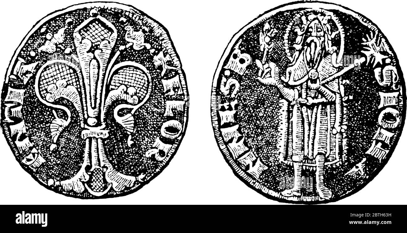 Abbildung zeigt die Vorder- und Rückseite des Goldflorins, der Goldflorin der Republik Florenz war die stärkste Währung in Europa, Jahrgang Stock Vektor