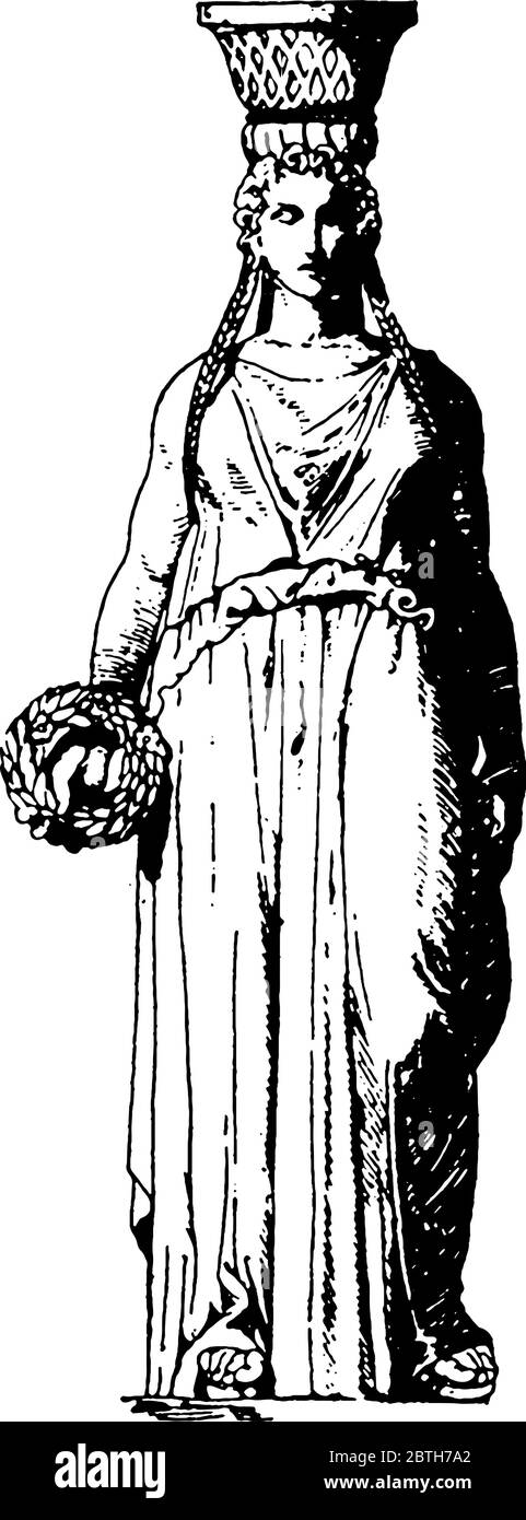 Eine weibliche Figur als Stütze anstelle einer Säule, Vintage-Linienzeichnung oder Gravur-Illustration verwendet. Stock Vektor