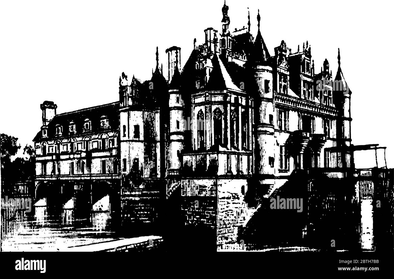 Es ist ein Bild eines gut erhaltenen Gebäudes, in dem gotische Formen überall spürbar sind, unter dem Schleier der Renaissance-Dekoration, vintage l Stock Vektor