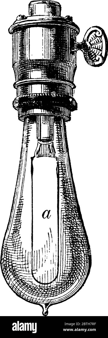 Die Glühlampe, die Kohlefaser-Filament an der Markierung, eine, in der Abbildung, Vintage-Linie Zeichnung oder Gravur Illustration zeigt. Stock Vektor