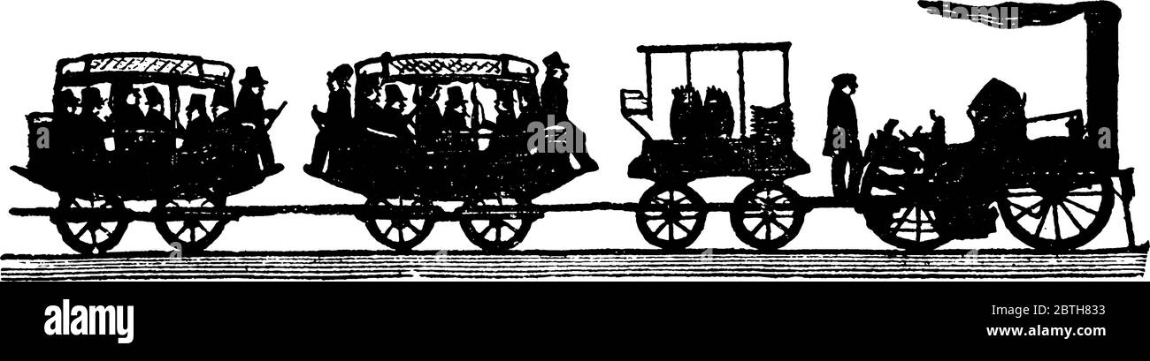 Eine typische Darstellung des ersten Zuges von Autos mit wenigen Passagieren in Anzügen und tragen Hüte, reisen auf ihm, Vintage-Linie Zeichnung oder Gravur Stock Vektor