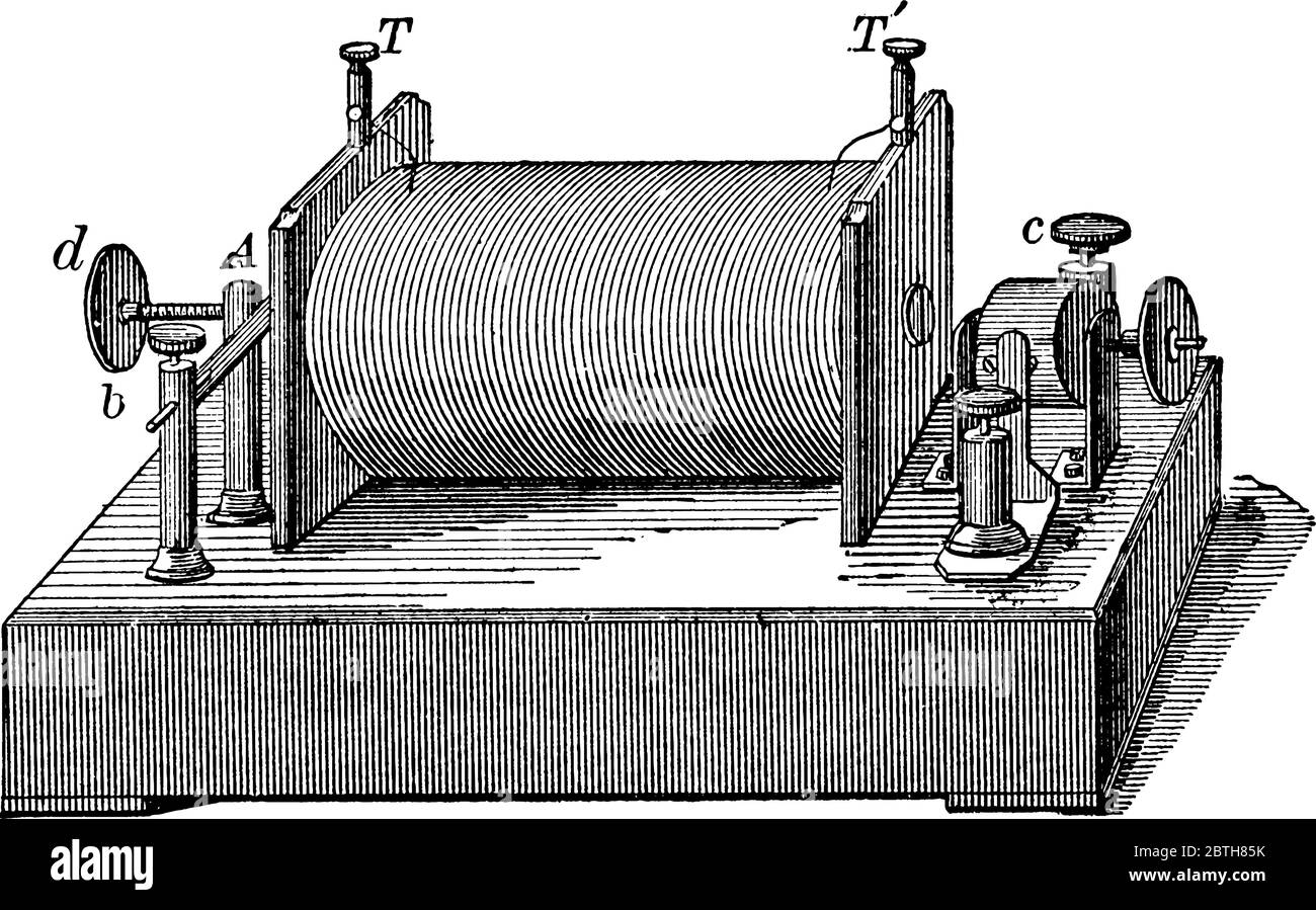 Eine Induktionsspule, erhält einen großen Strom von kleiner elektromotorischer Kraft und liefert einen kleinen Strom bei hohem Druck, Vintage-Line-Zeichnung oder engr Stock Vektor