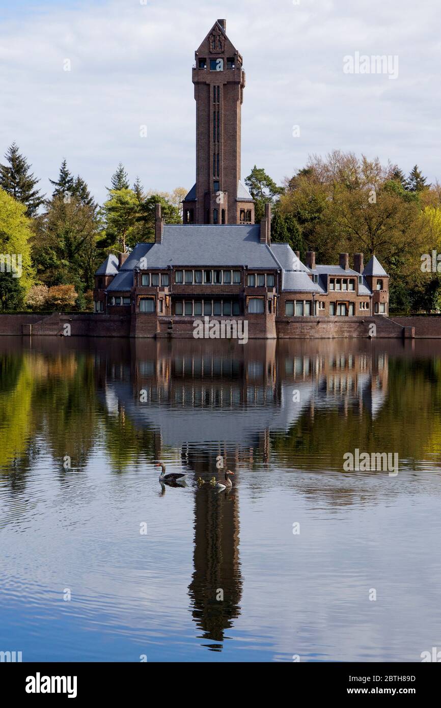 Enten im Teich von St Hubertus Jagdhütte im Nationalpark de Hoge Veluwe in den Niederlanden Stockfoto