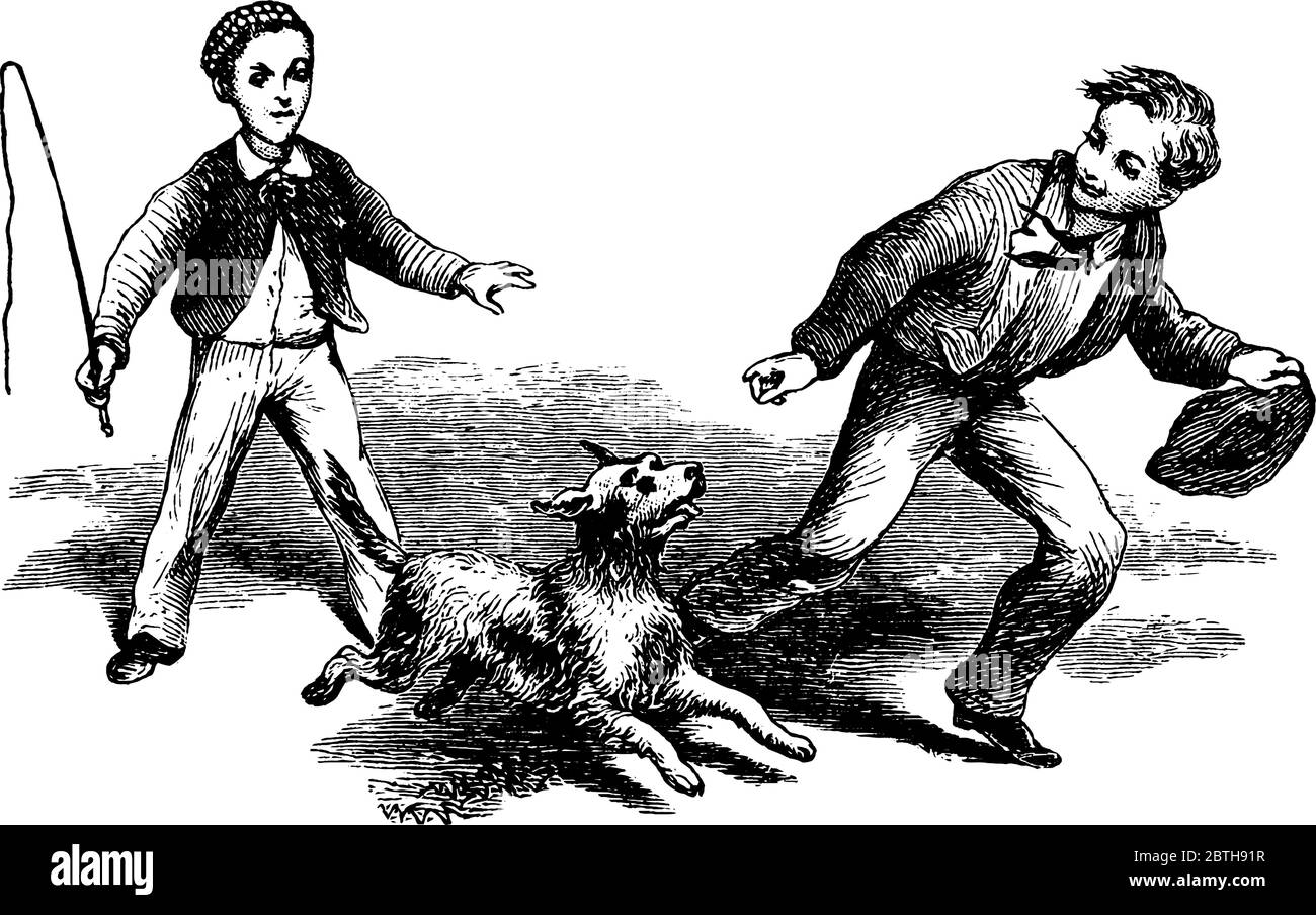 Ein Hund und zwei Jungen Rennen mit Hund für Unterhaltung auf Jungen mit Hut in der Hand, während andere Jäger, Vintage-Linie Zeichnung oder Gravur illustrr Stock Vektor