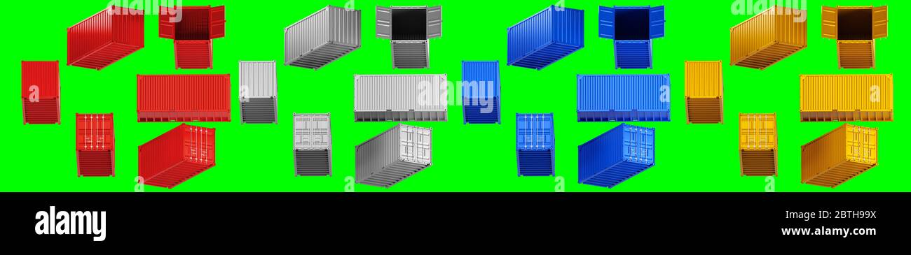 Ein hochwertiges Bild von 20 Fuß Versandcontainern auf grünem Hintergrund mit Beschneidungspfad. Set zwanzig Fuß Seeschifffahrt Container 3d-Rendern Stockfoto