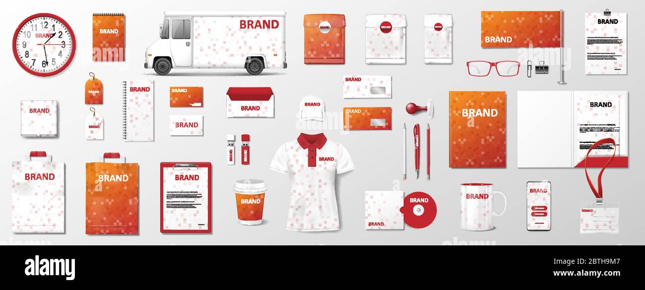 Künstlerische orange Corporate Identity Mock up Vorlage mit abstrakten Farbe. Realistische Business Stationery für Firmenstil Modell mit geometrischem Design Stock Vektor