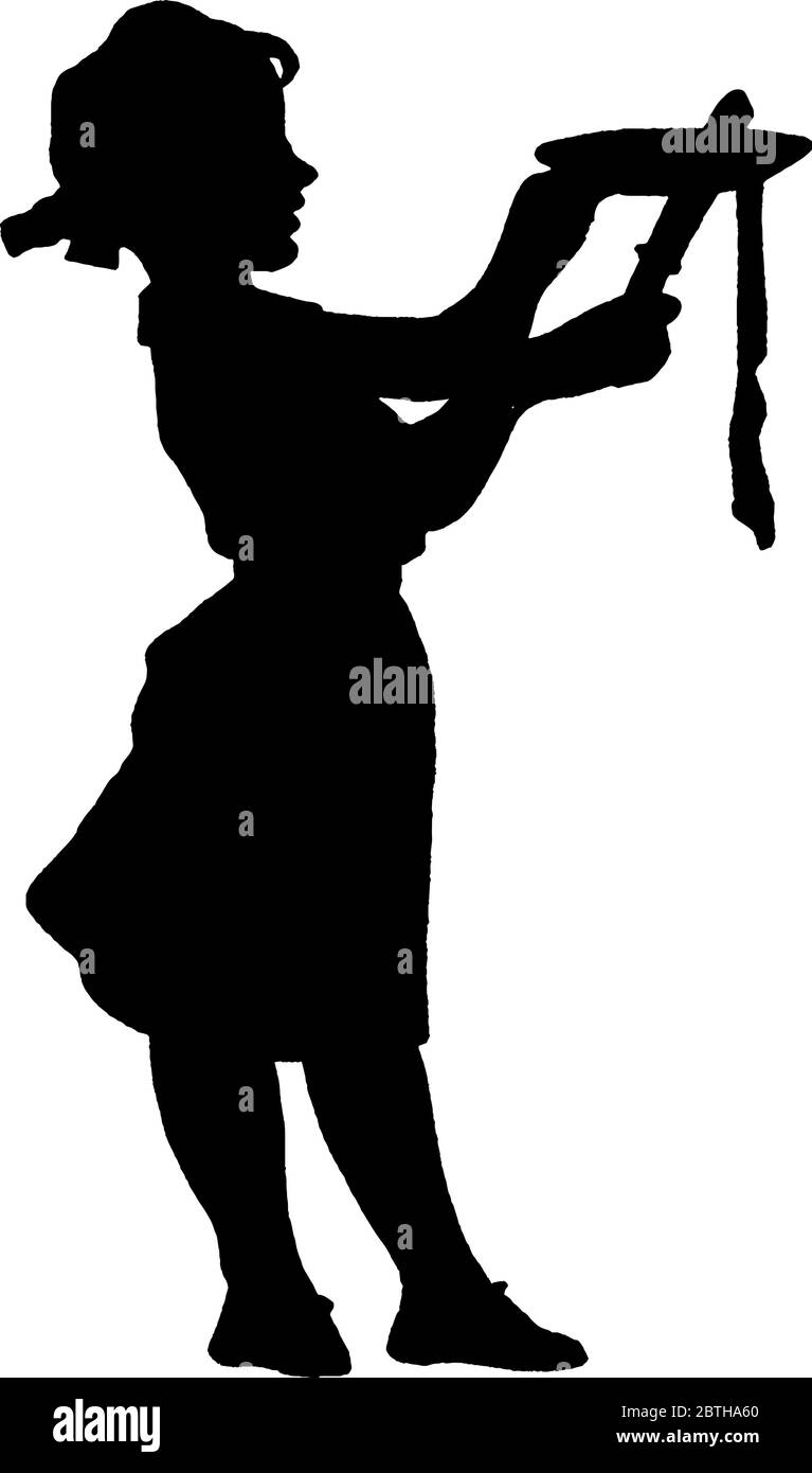 Ein Mädchen stehend und Schneiden Torte mit Messer, Vintage-Linie Zeichnung oder Gravur Illustration. Stock Vektor