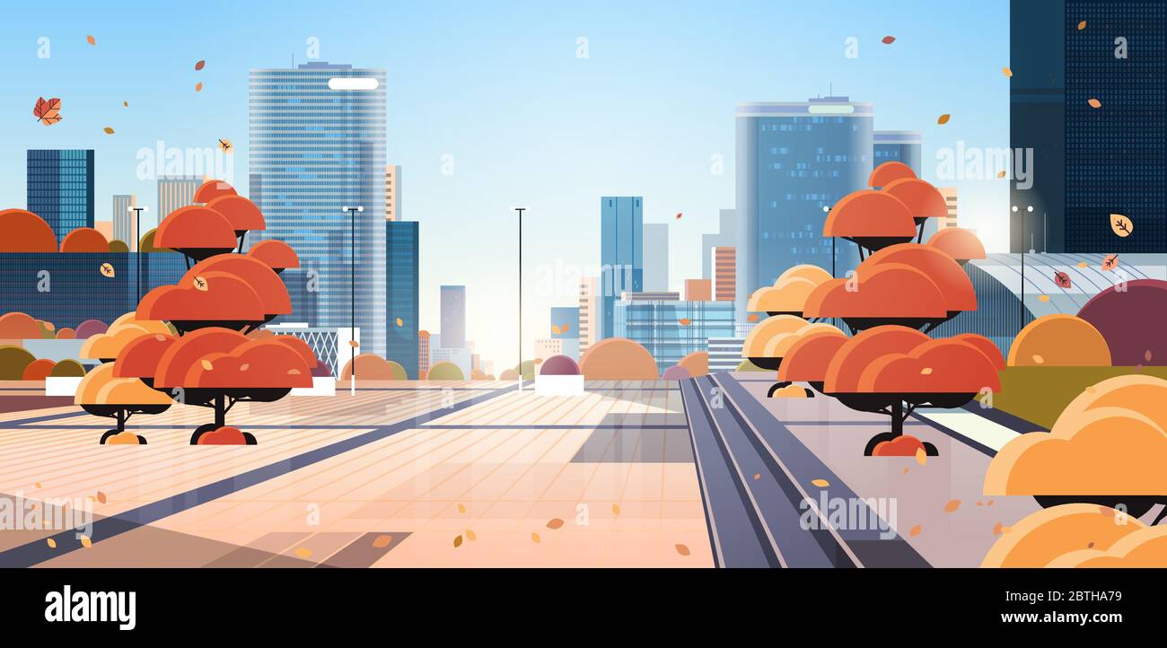 Leere Innenstadt Herbst Stadt Straße ohne Menschen und Autos gelbe Bäume in Sonne Licht moderne Stadtbild Hintergrund horizontal Vektor Illustration Stock Vektor