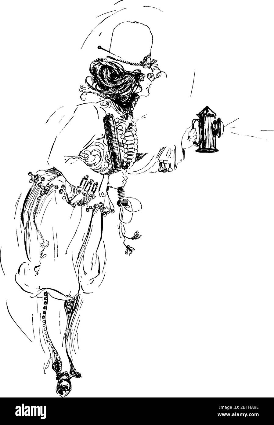 Skizze zeigt eine Frau, die Polizeianzug des 19. Jahrhunderts trägt und elektrische Lampe in der Hand hält, Vintage-Strichzeichnung oder Gravur-Illustration. Stock Vektor