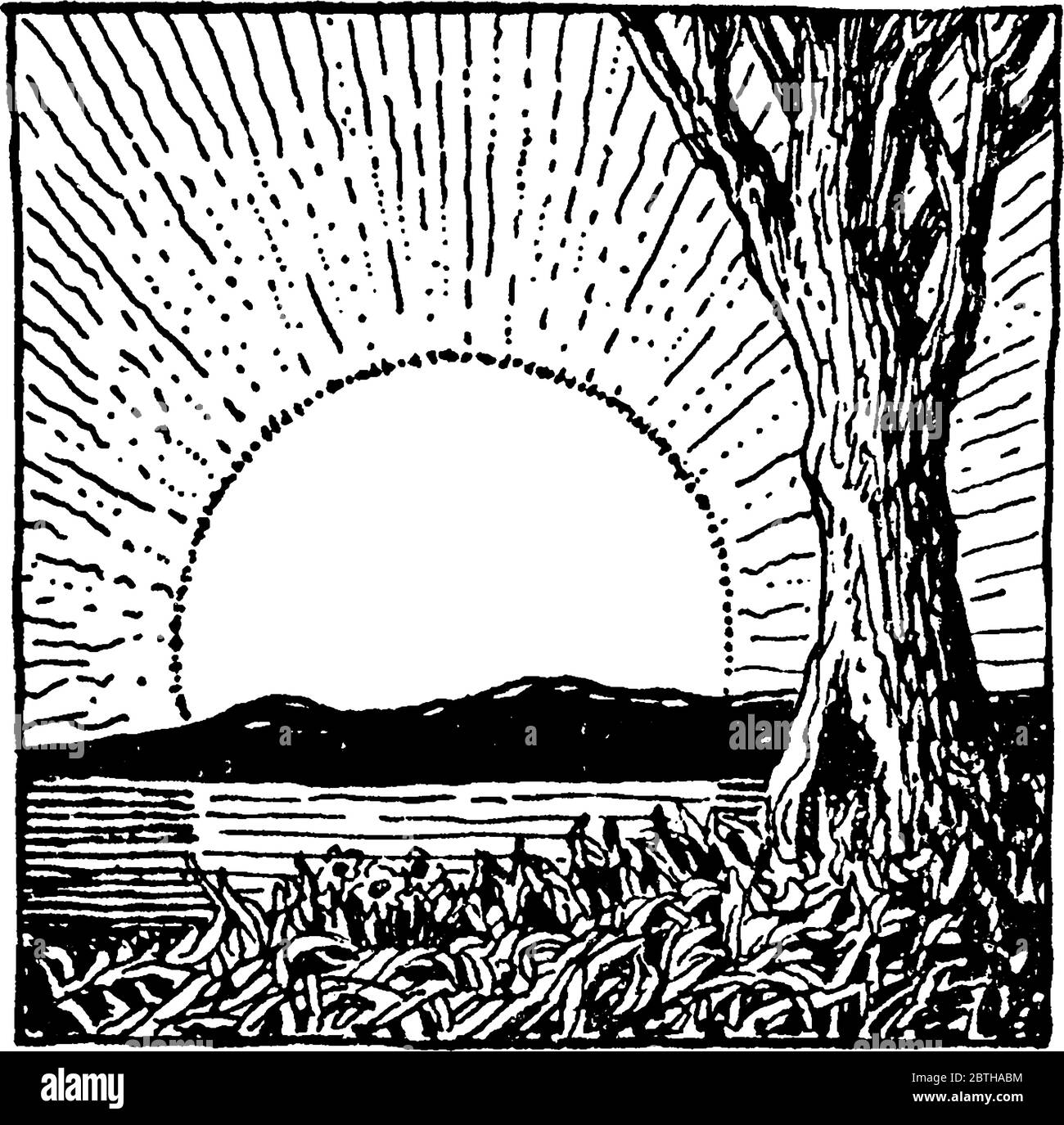 Abbildung zeigt die Sonne am Morgen aufgehen und das obere Ende der Sonne ist hinter den Bergen erschienen, vintage Strichzeichnung oder Gravur illustratio Stock Vektor