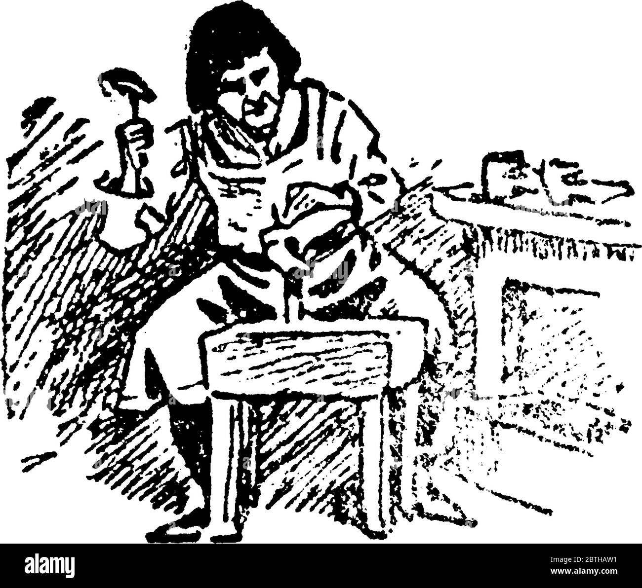 Eine typische Darstellung eines Schusters, der in seinem Stuhl sitzt und gebrochene Fersen festsetzt, ein weiteres Paar Schuhe findet man auf dem Tisch, der näher bei ihm liegt, Stock Vektor