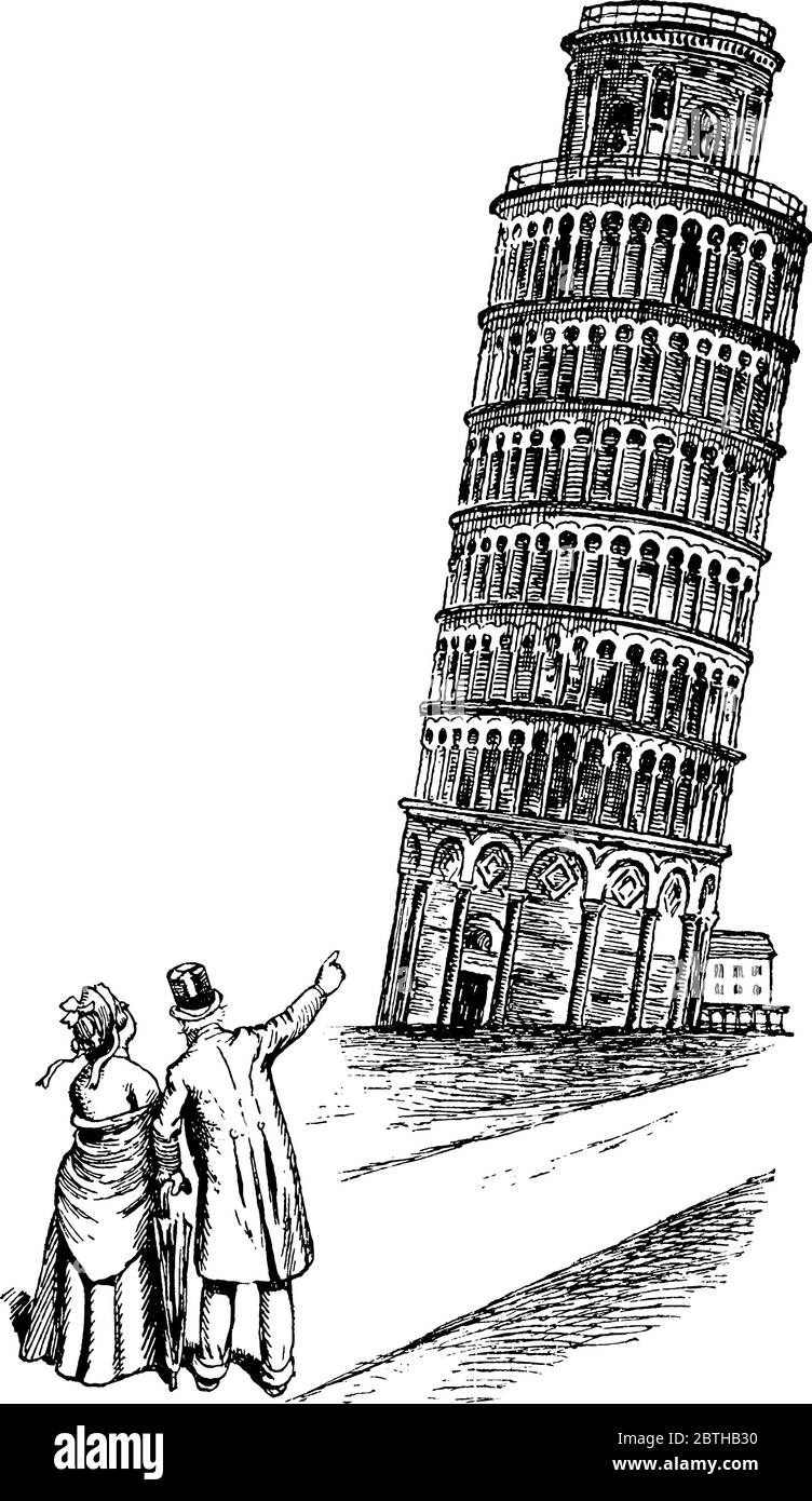 Skizze zeigt Ehemann Frau zeigt den schiefen Turm von Pisa, in der italienischen Stadt Pisa, Vintage-Linie Zeichnung oder Gravur Illustration. Stock Vektor