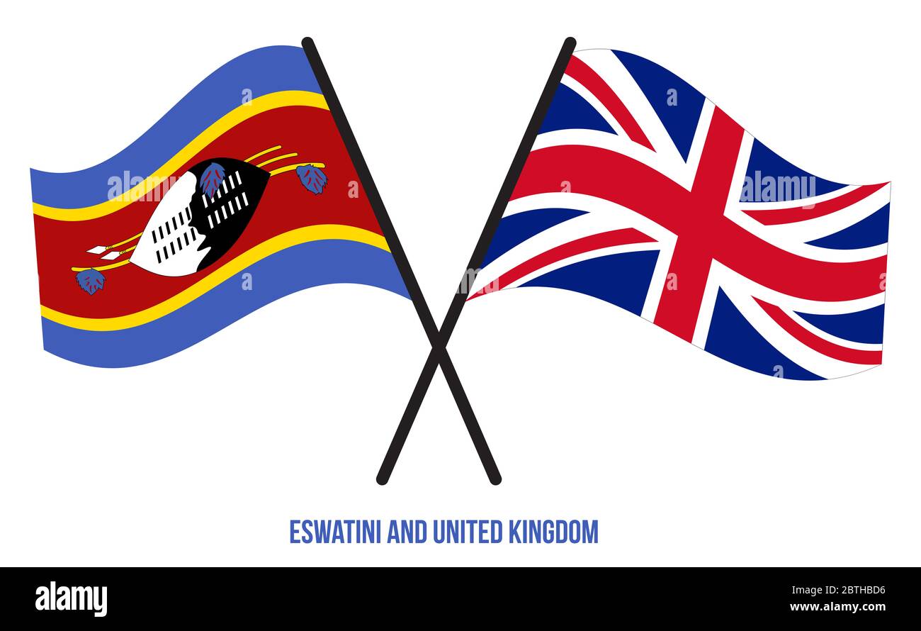 Eswatini und Großbritannien Flaggen gekreuzt und winken Flat Style. Offizieller Anteil. Richtige Farben. Stockfoto
